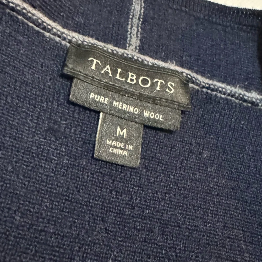 Talbots Pure Merino‎ Wool Navy Blue Gray Striped Knit Long Cardigan Sweater M